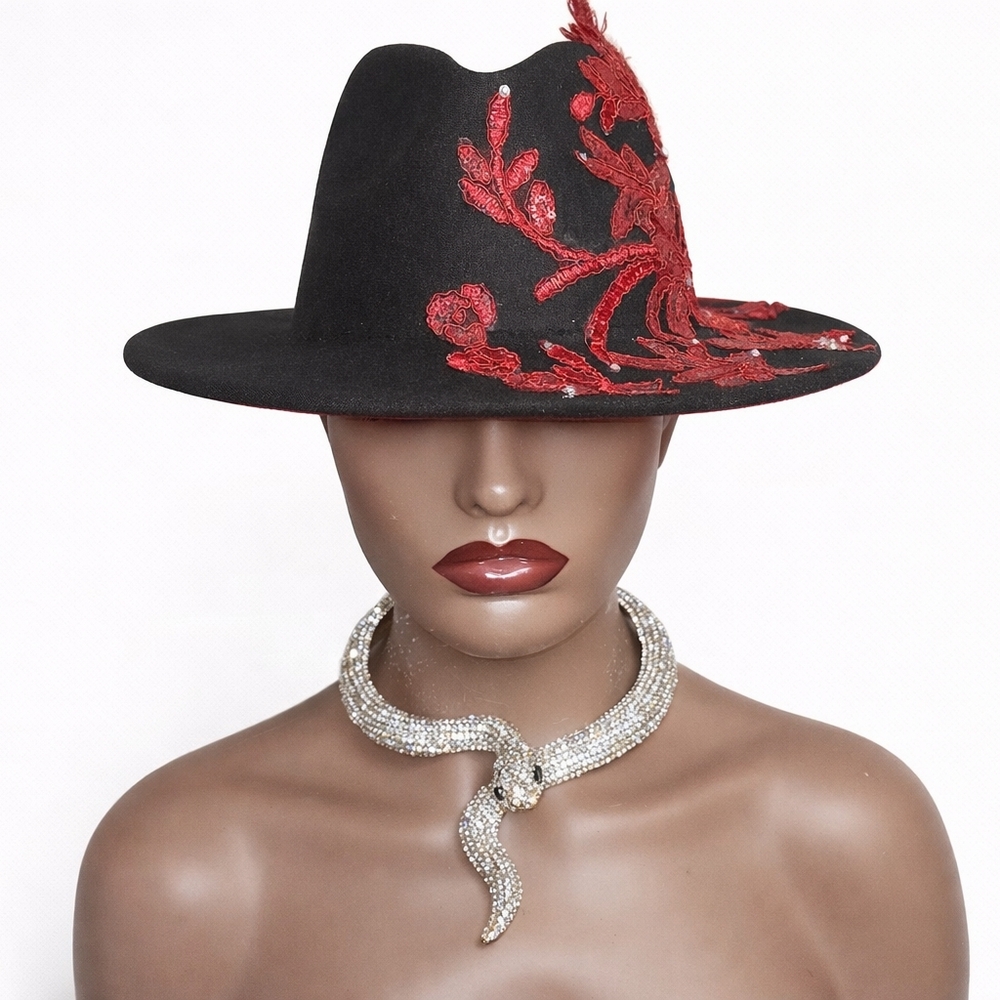 Midnight Vow Chic Black Hat with Red Embroidery